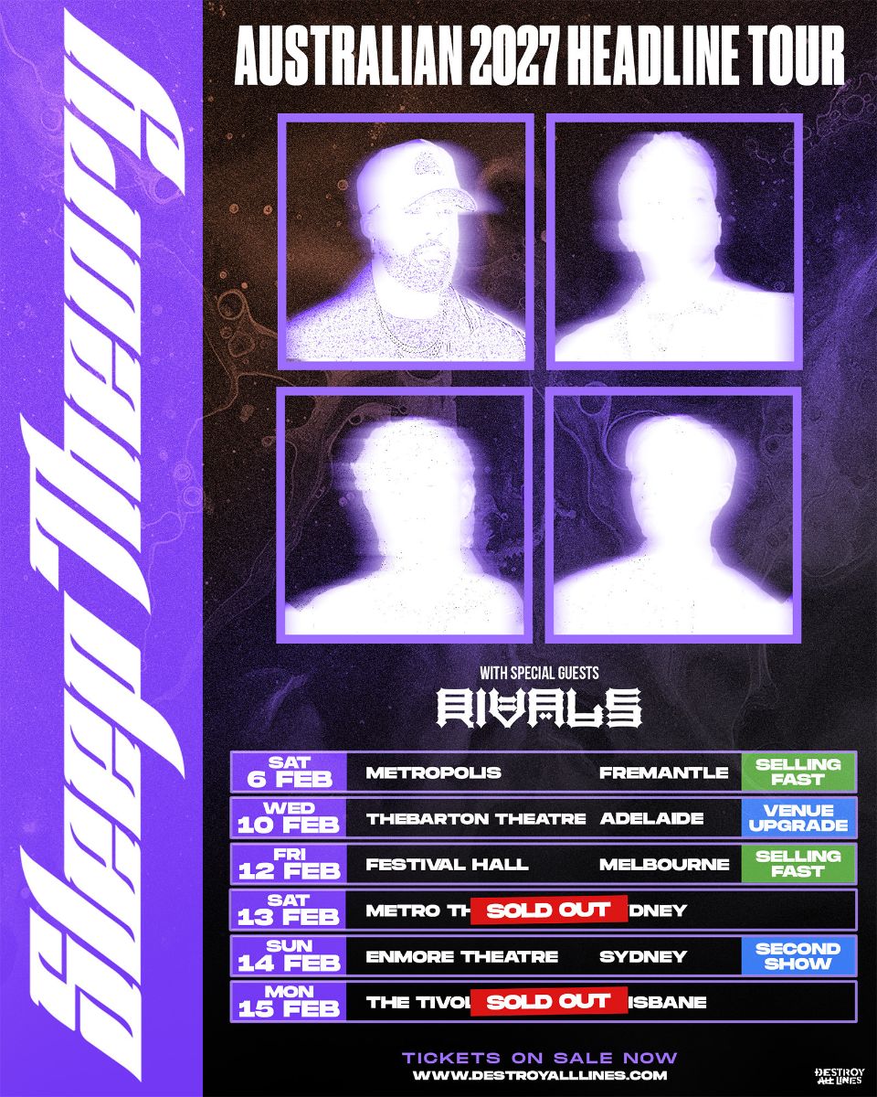 Tour poster for Sleep Theory Australian 2027 Headline Tour featuring purple silhouetted band portraits and concert dates.
